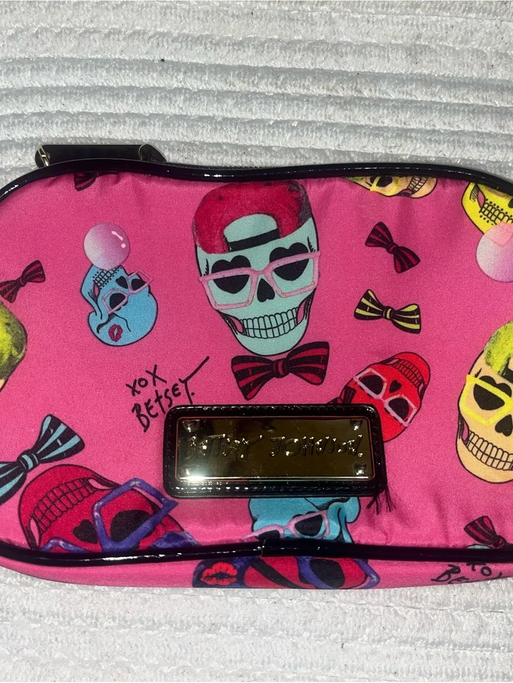Betsey Johnson Hot Pink Skull Print Cosmetic Pouch with Multicolor Accents